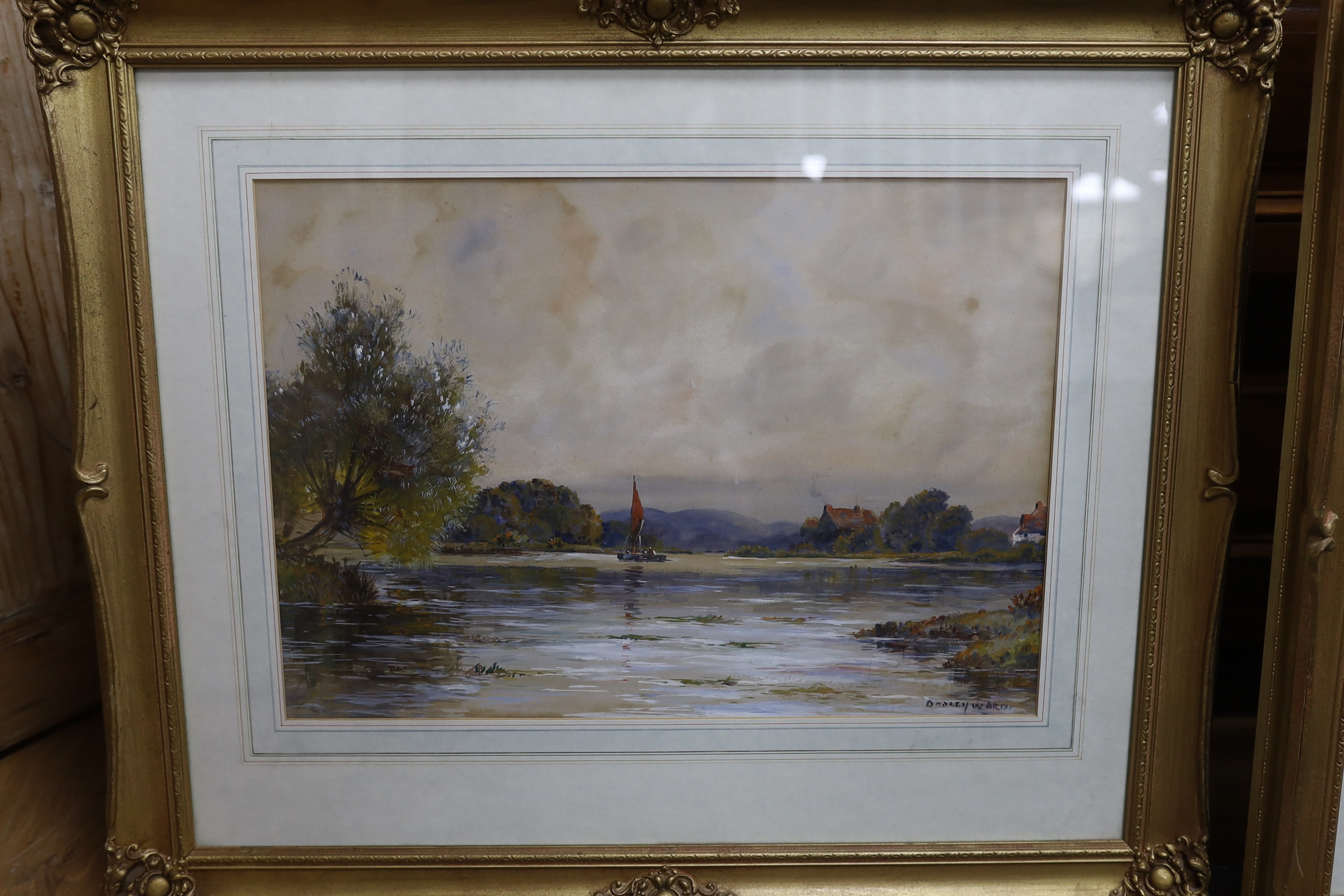 Dudley Ward (19/20th. C), pair of heightened watercolours, River landscapes, each signed, 34 x 48cm, gilt framed